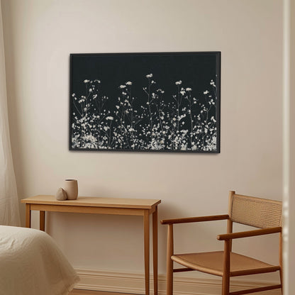 Noiré Canvas Wall Art with delicate white florals on deep charcoal background in modern room setting