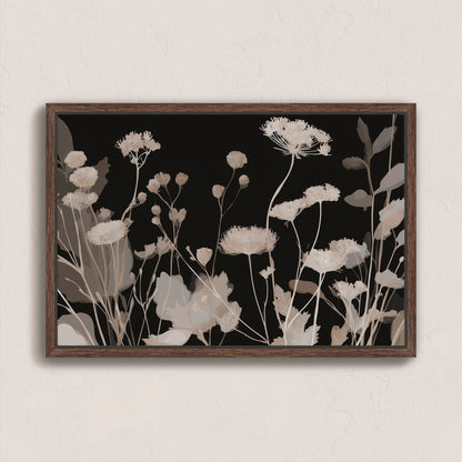 Shadow Bloom canvas art featuring neutral wildflowers on deep black background with walnut frame
