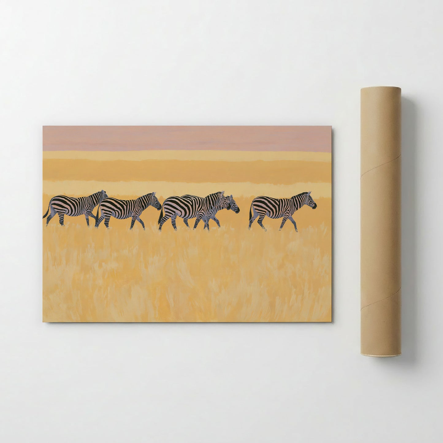 A group of zebras walking across a grassy plain.