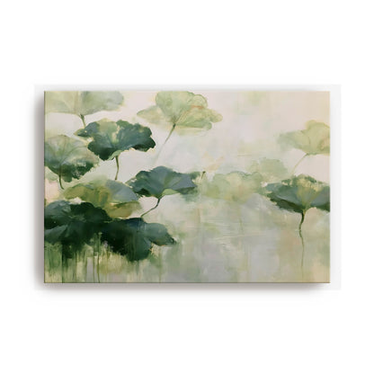 The image is a painting of green leaves and flowers, with a soft, pastel color palette.