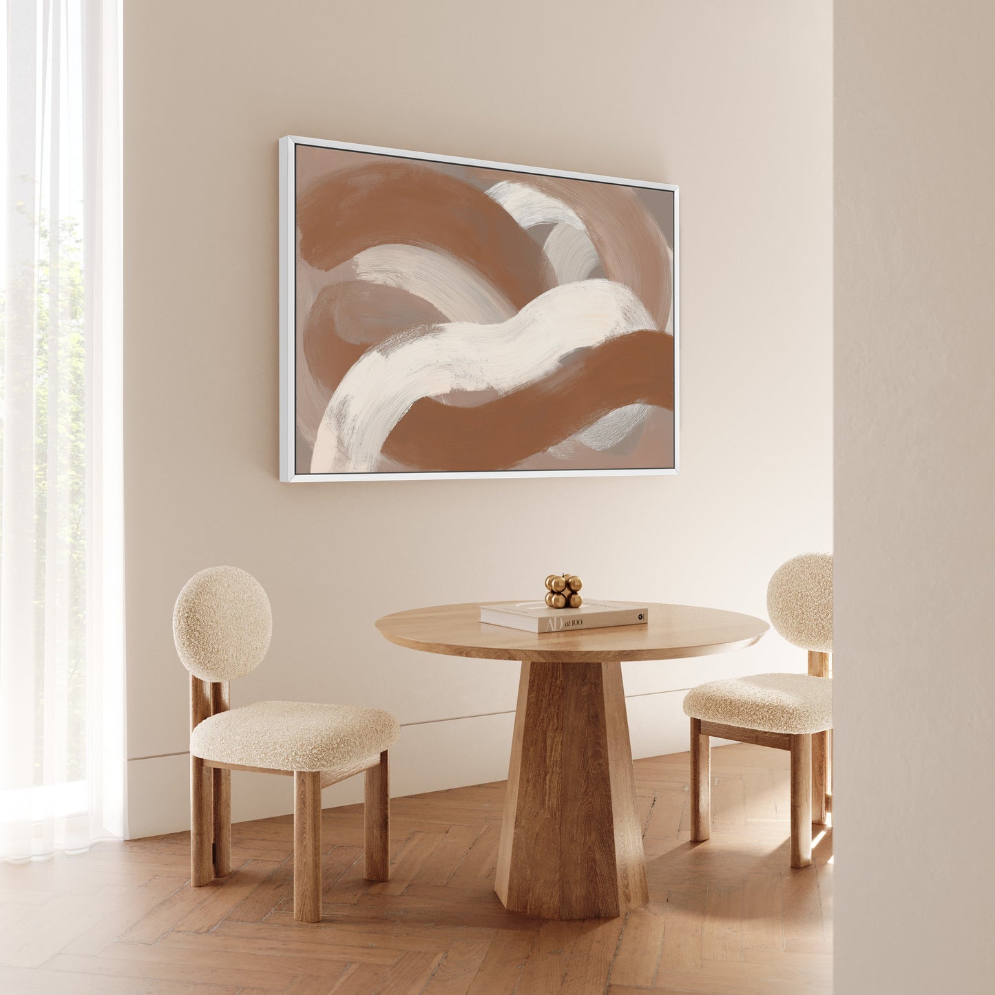 Abstract Current Canvas Print with taupe, ivory, and sienna brushstrokes in modern minimalist dining room setting