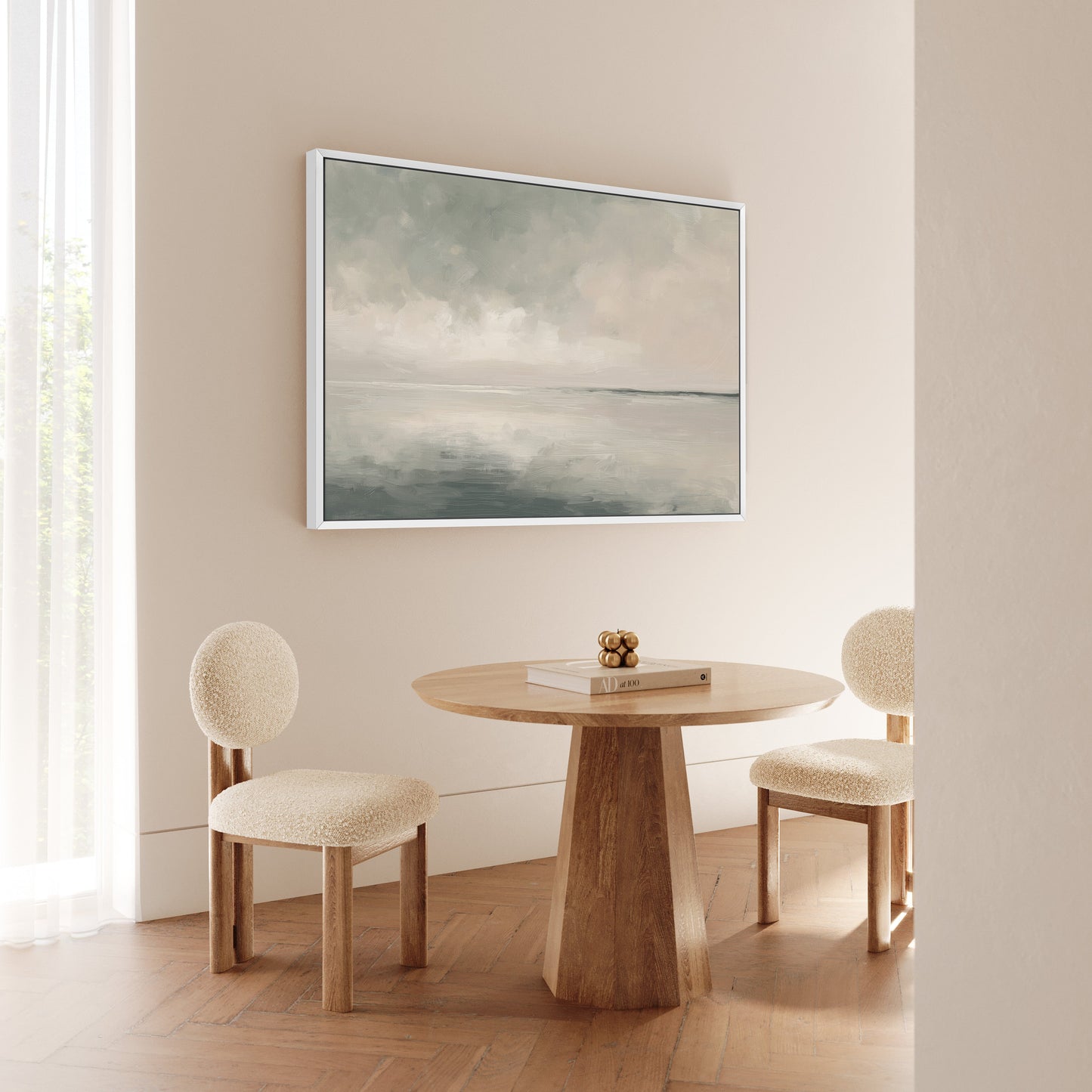 Aure Cavas Print framed abstract landscape art with serene sky and sea tones in minimalist dining room setting