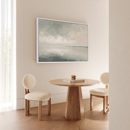 Aure Cavas Print framed abstract landscape art with serene sky and sea tones in minimalist dining room setting