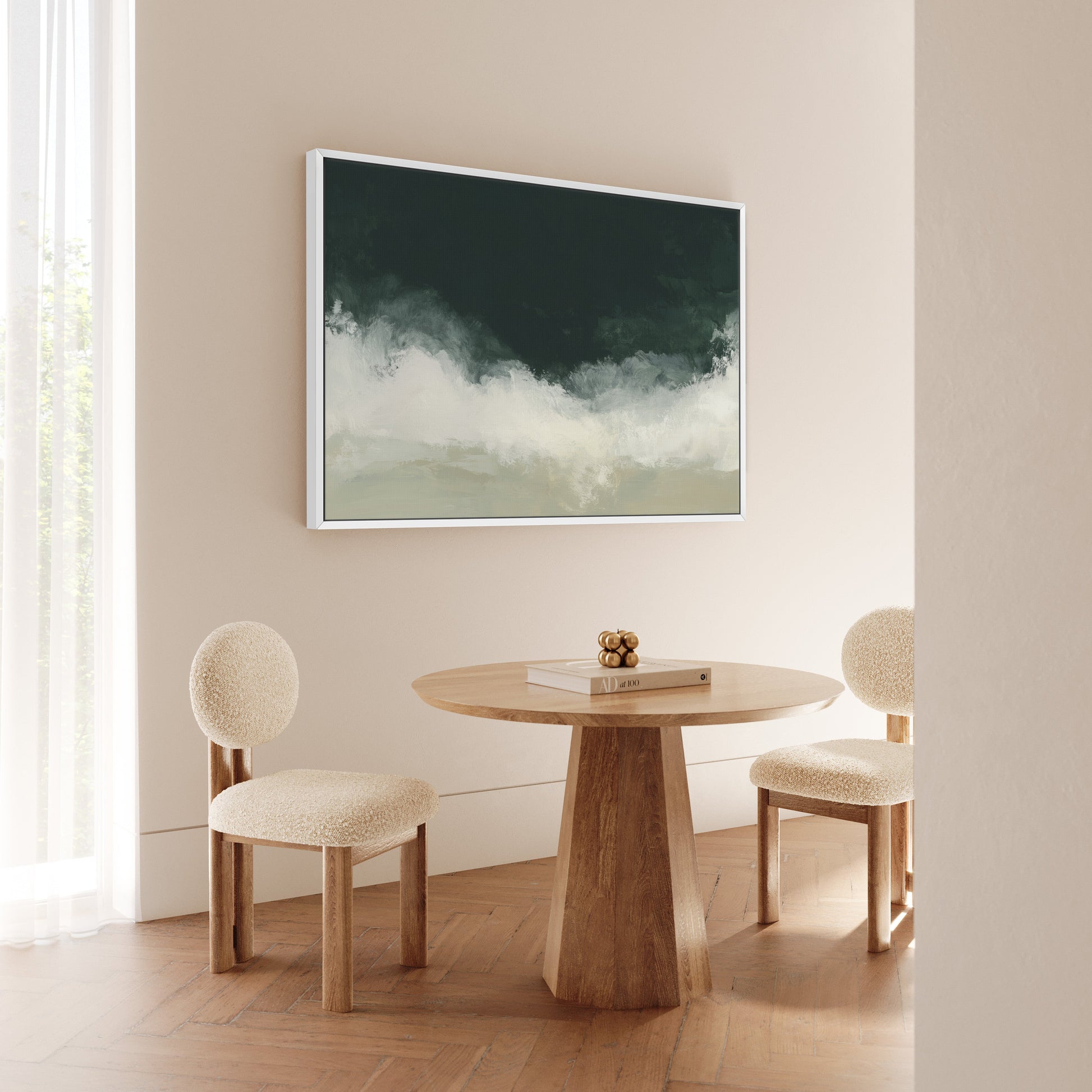 Surge Canvas Wall Art with deep emerald and soft white tones, ocean-inspired abstract on archival-quality canvas in white frame