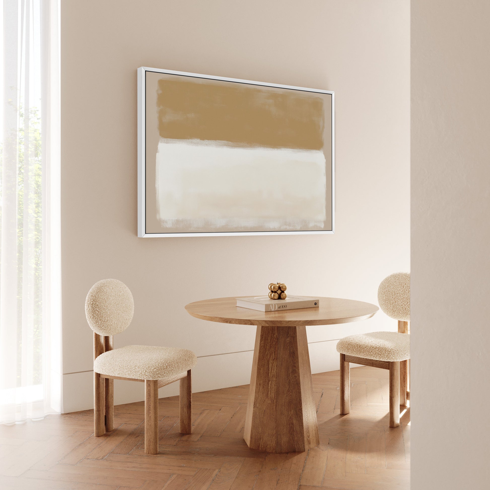 Sienna Canvas Print with warm gold and ivory abstract tones in a modern dining room setting
