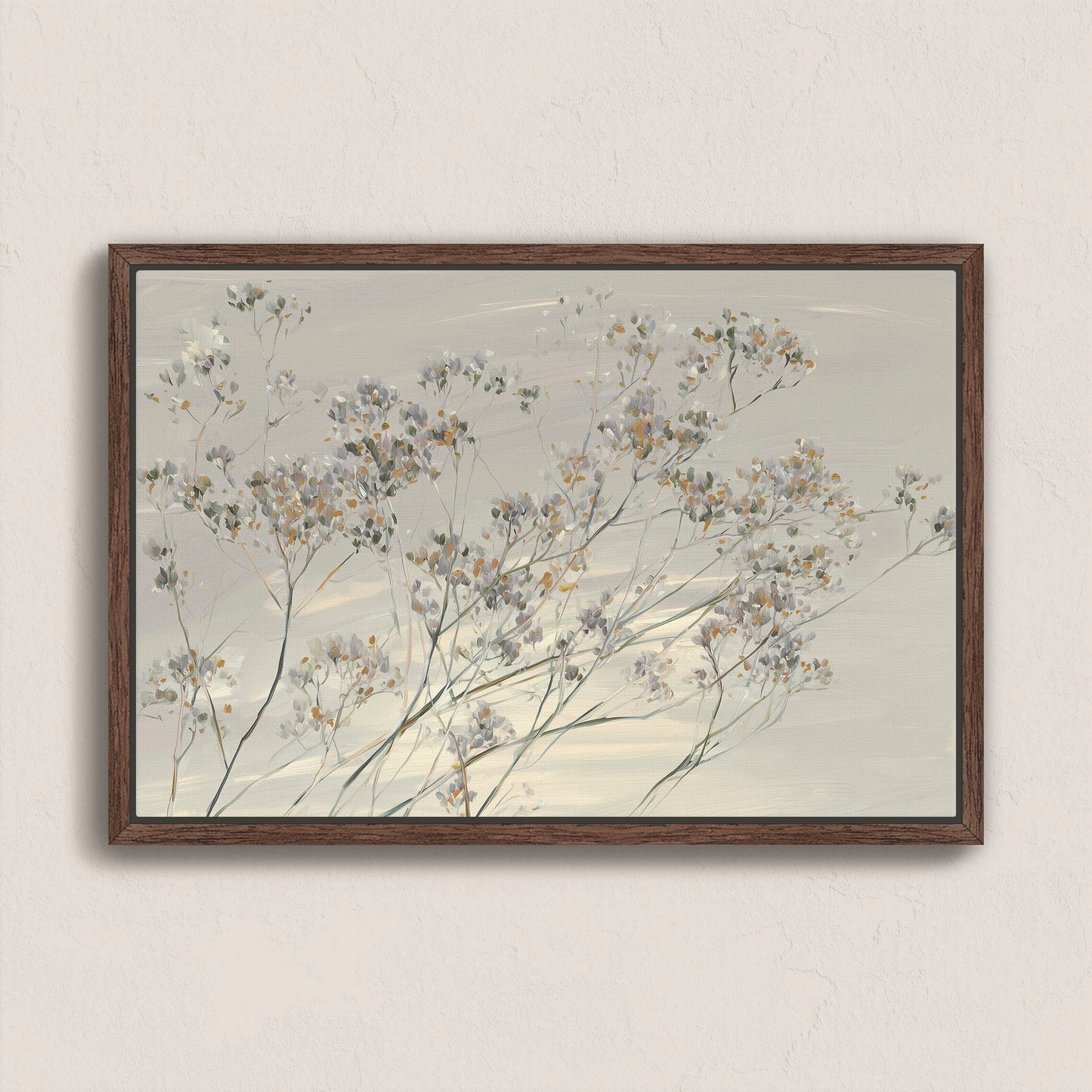 Breeze Wall Art featuring delicate wildflowers in muted tones with a natural wood frame