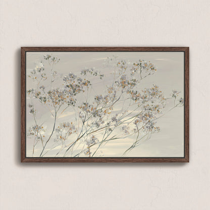 Breeze Wall Art featuring delicate wildflowers in muted tones with a natural wood frame