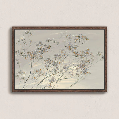 Breeze Wall Art featuring delicate wildflowers in muted tones with a natural wood frame