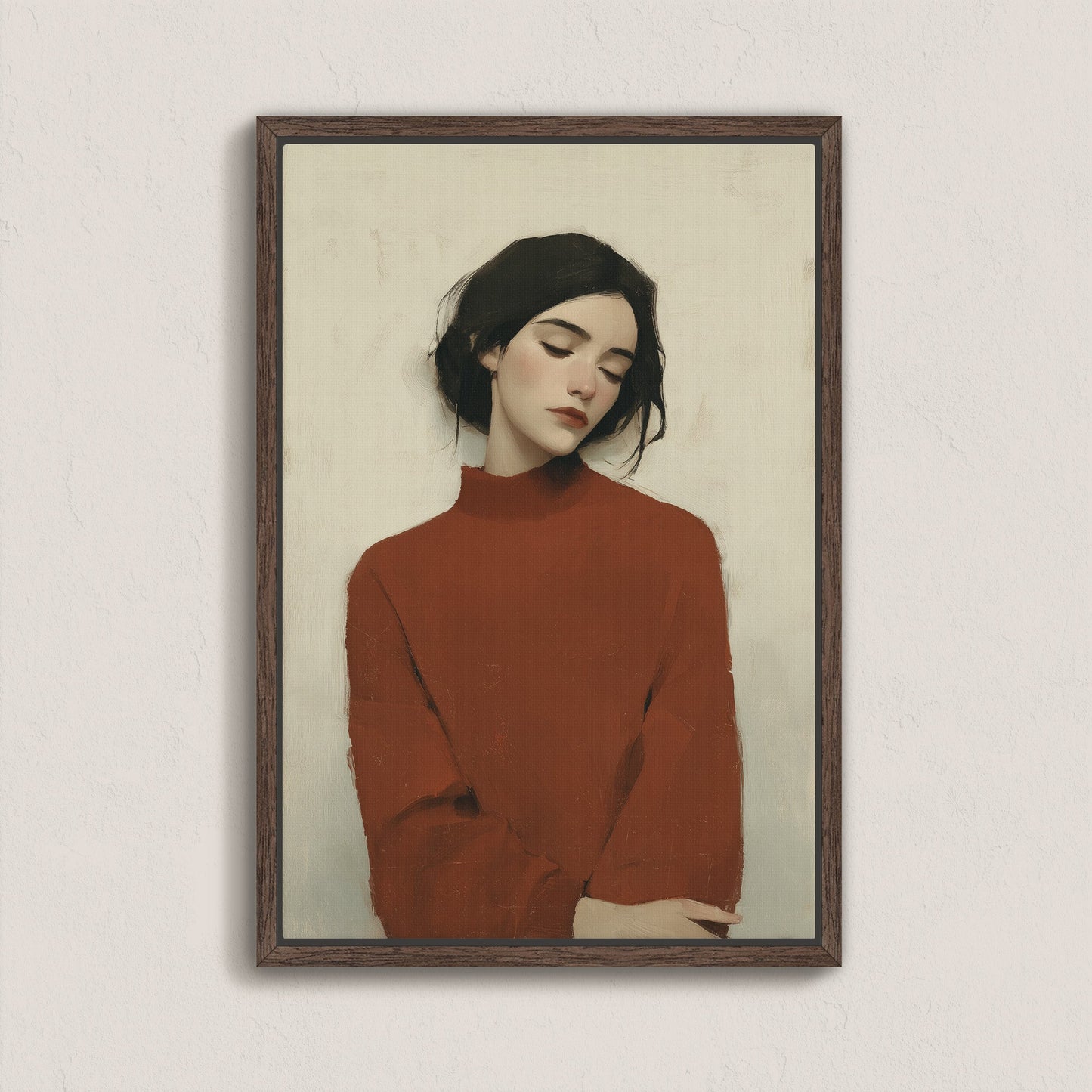 Madi canvas wall art featuring serene woman in red sweater with muted tones and soft expression in wood frame