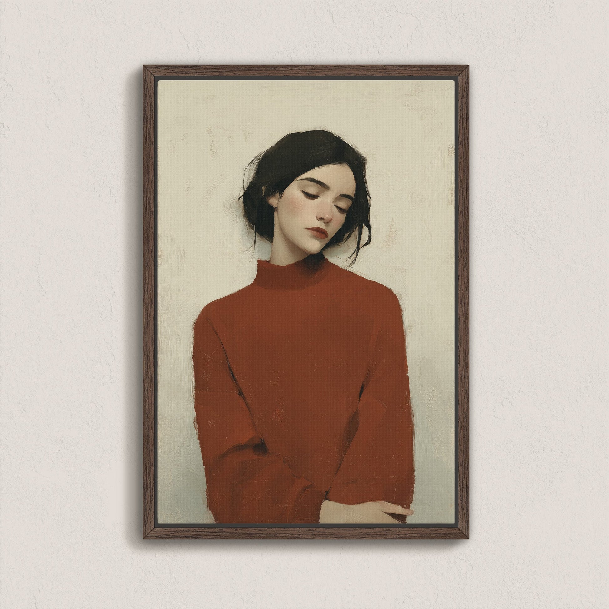 Madi canvas wall art featuring serene woman in red sweater with muted tones and soft expression in wood frame