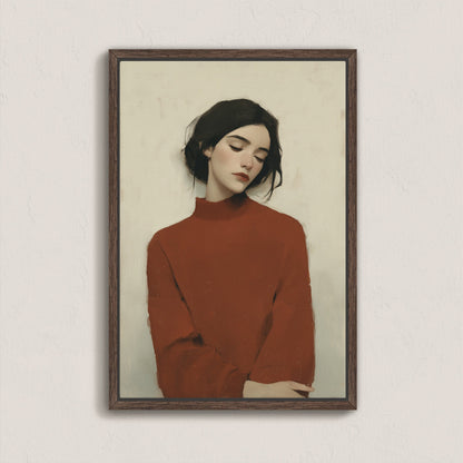 Madi canvas wall art featuring serene woman in red sweater with muted tones and soft expression in wood frame
