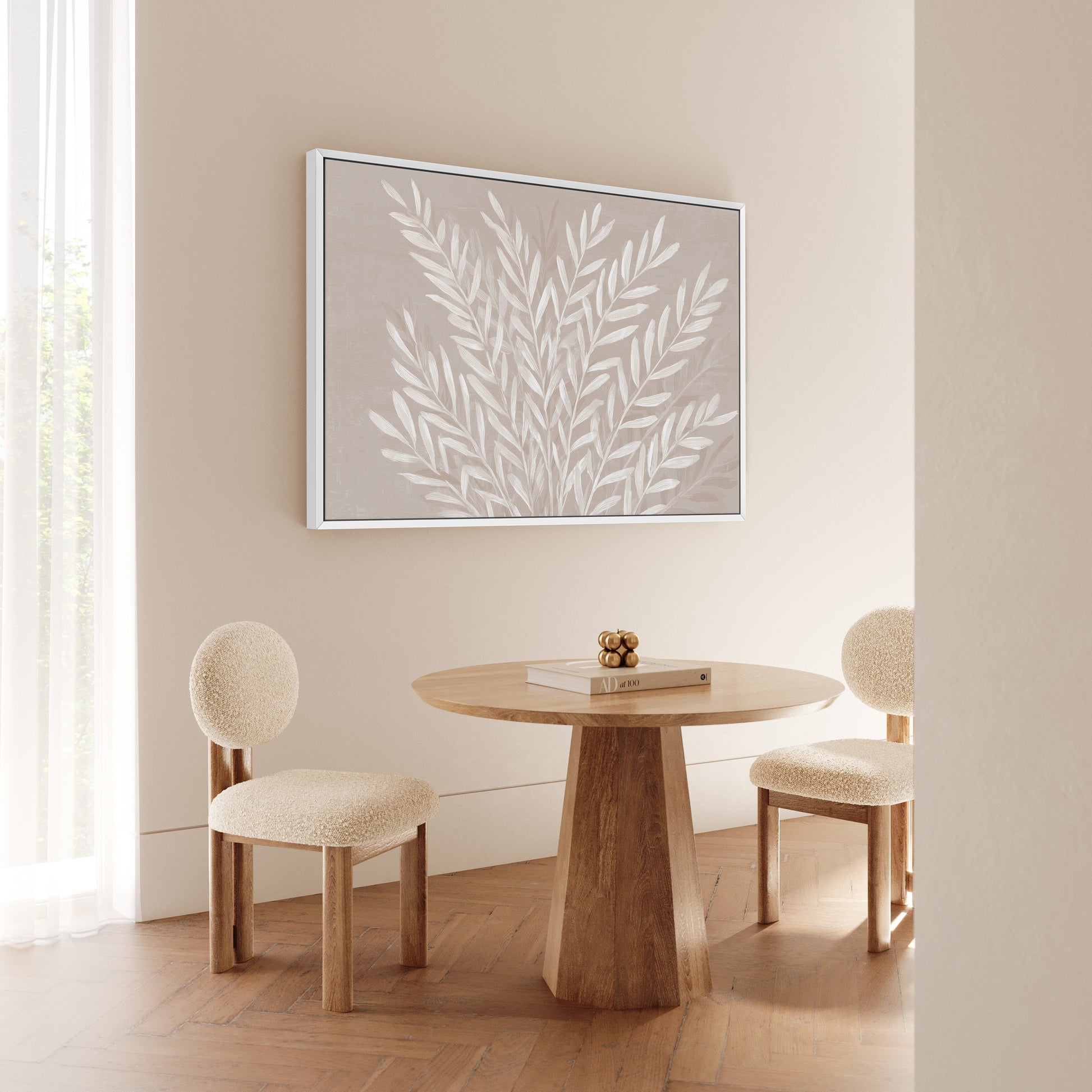 Whisper canvas print featuring slender ivory leaves on soft taupe background in a modern dining room setting
