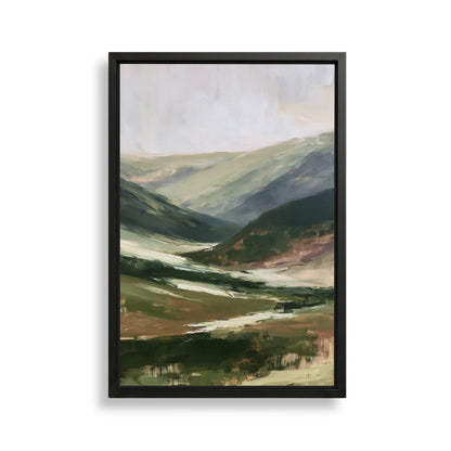 The image is a framed landscape painting depicting a mountainous, hilly terrain with a mix of green, brown, and gray colors.