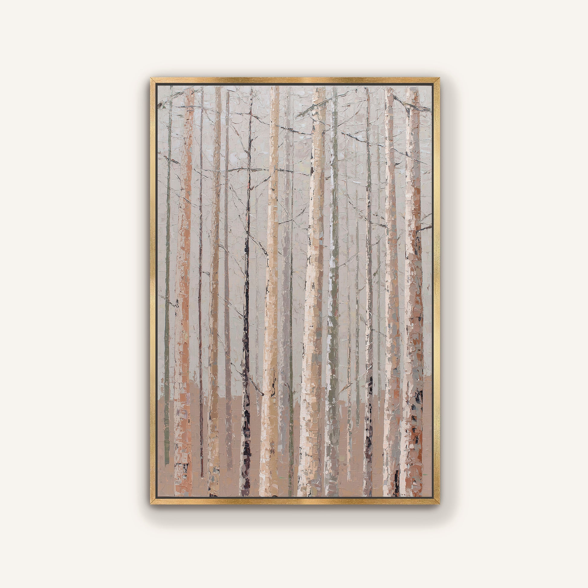 The image is a framed painting depicting a forest scene with tall trees and a light brown color palette.