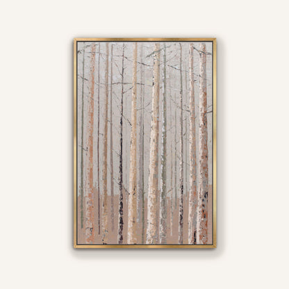 The image is a framed painting depicting a forest scene with tall trees and a light brown color palette.