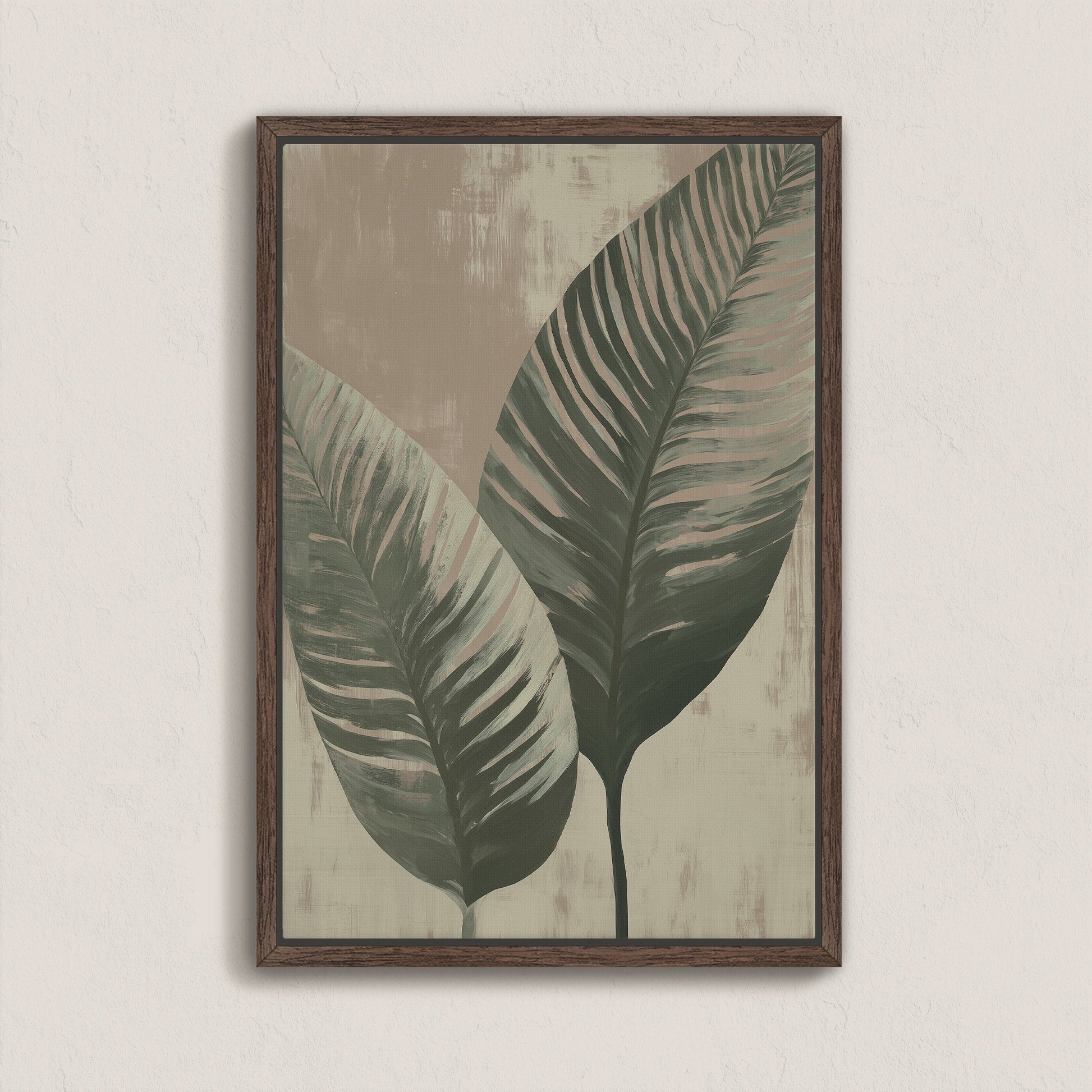 Verdant canvas print of deep green and beige painterly leaves in wooden frame for modern interiors