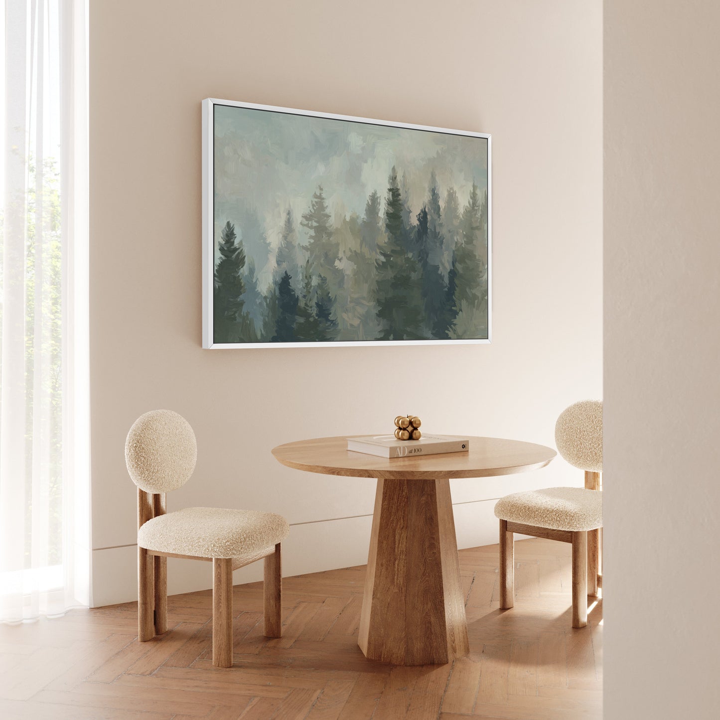 Ever Canvas Wall Art featuring misty forest in soft pine and sage tones, displayed in modern room with round wooden table and cream chairs