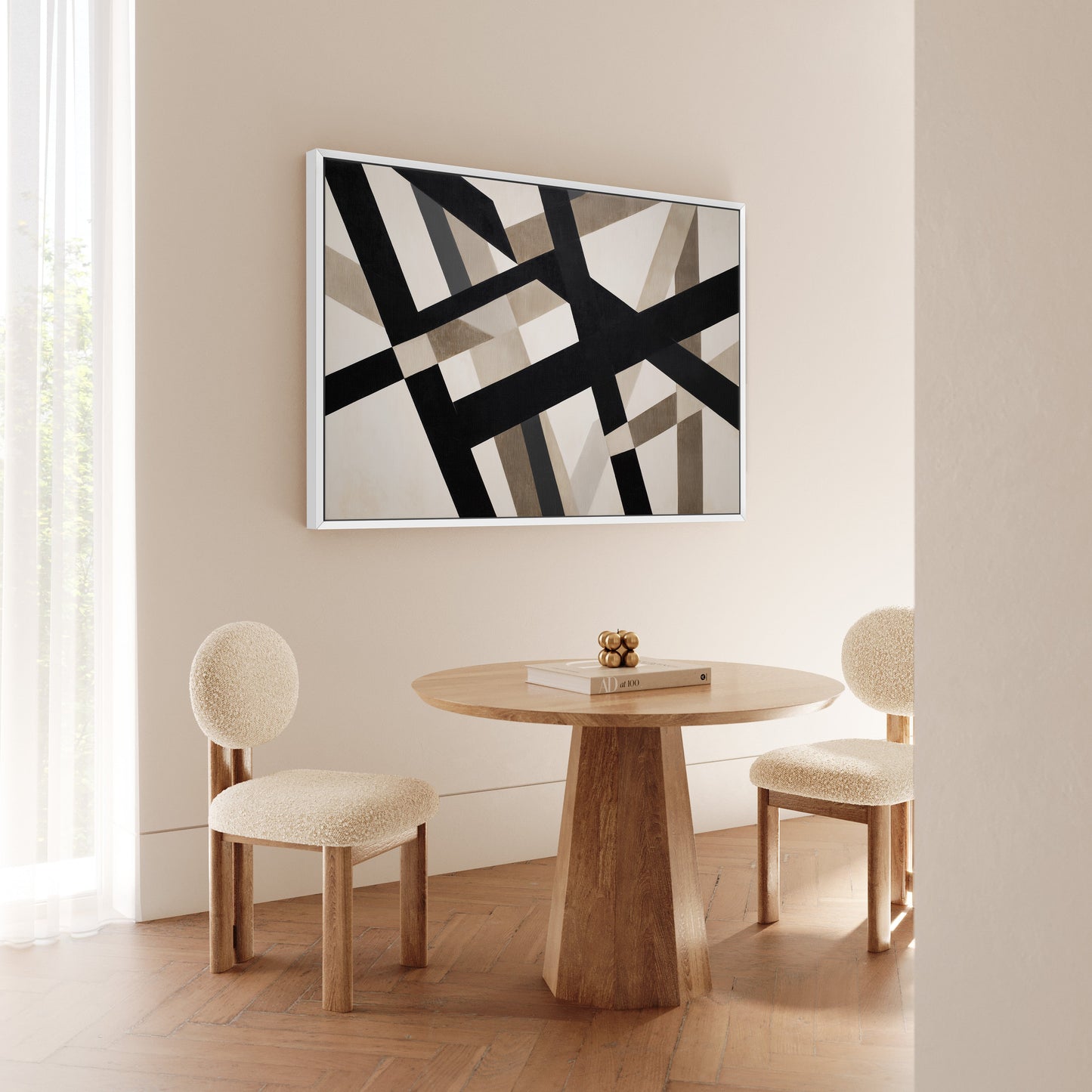 Axis canvas print with bold geometric lines and neutral tones in minimalist dining room interior