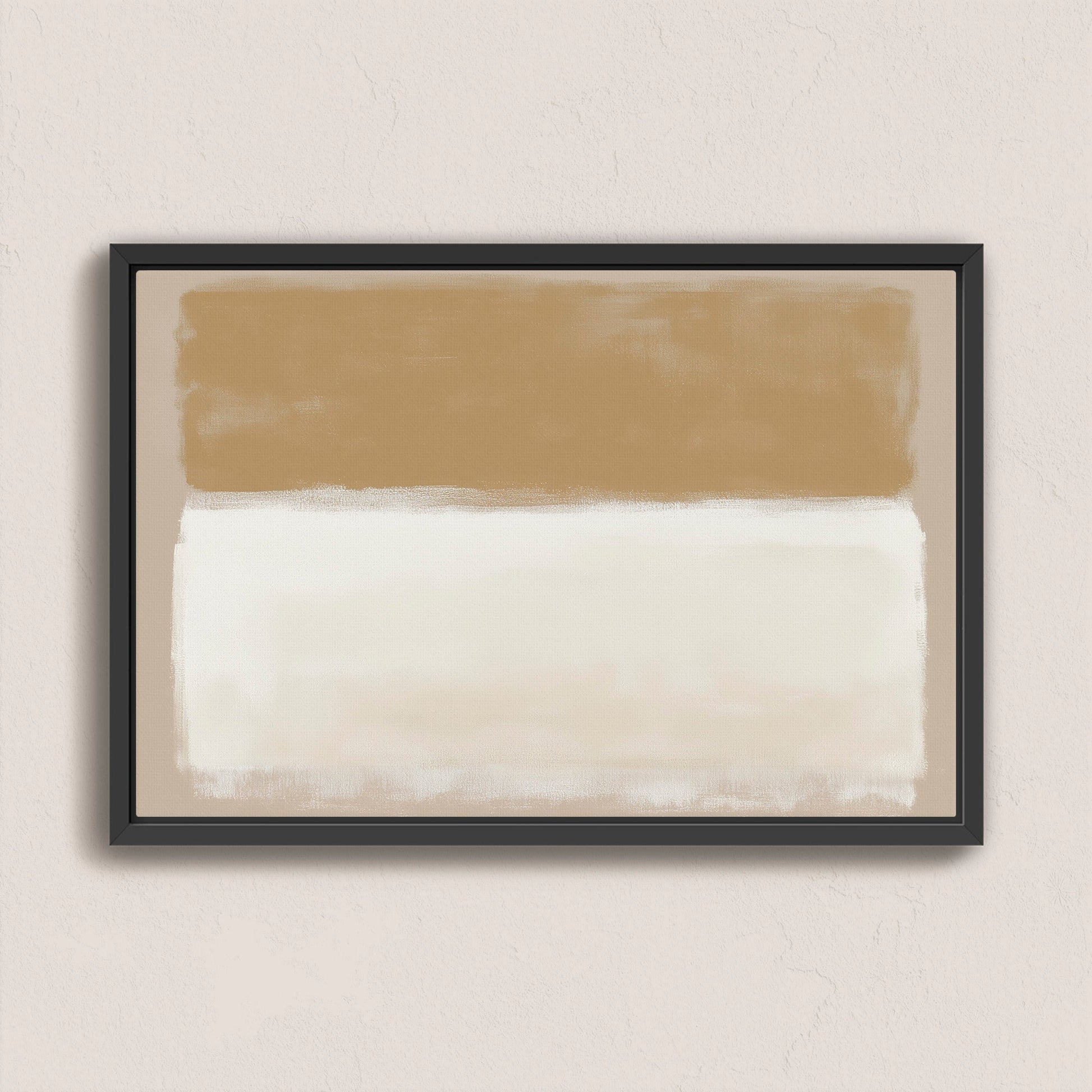 Sienna Canvas Print abstract art in warm golden and ivory tones with black floating frame on beige wall