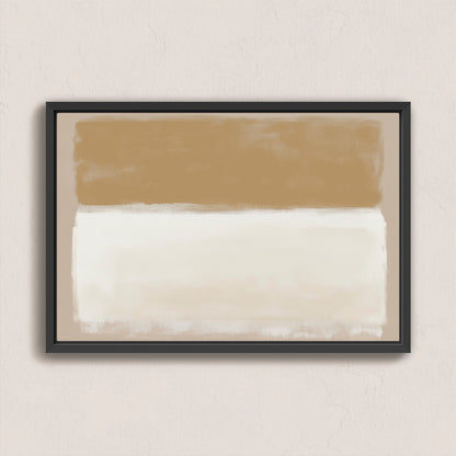 Sienna Canvas Print abstract art in warm golden and ivory tones with black floating frame on beige wall