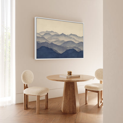 Veil canvas print of layered indigo and beige mountain silhouettes in minimalist modern dining room