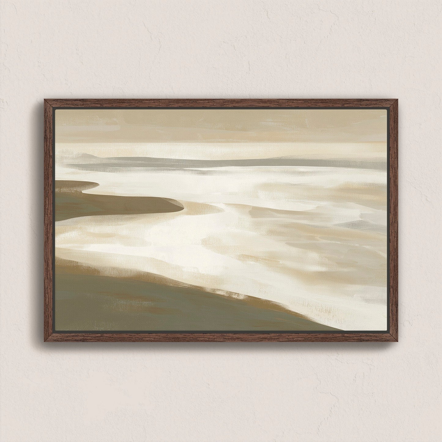 Emie Canvas Print of a tranquil coastal landscape in beige, ivory, and olive tones with a brown wooden frame