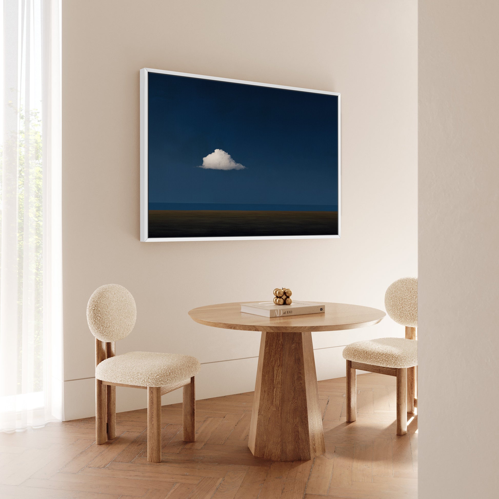 Nimbus Canvas Print of a solitary white cloud over a deep blue horizon in a modern minimal room setting