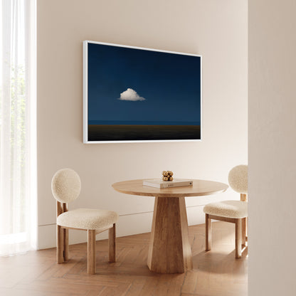 Nimbus Canvas Print of a solitary white cloud over a deep blue horizon in a modern minimal room setting