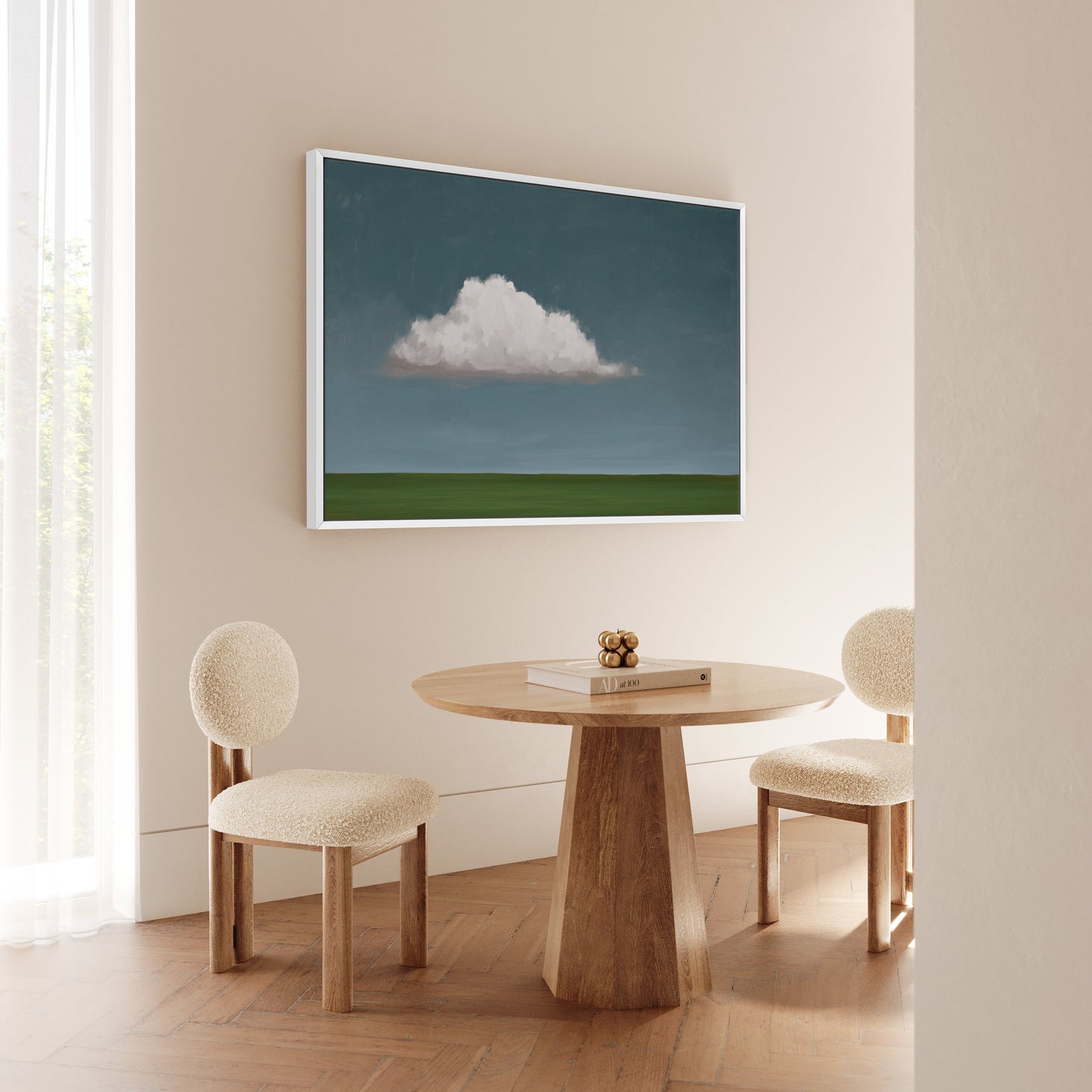 Eave canvas print of a single cloud above a green horizon in a minimalist modern room with round chairs and wooden table