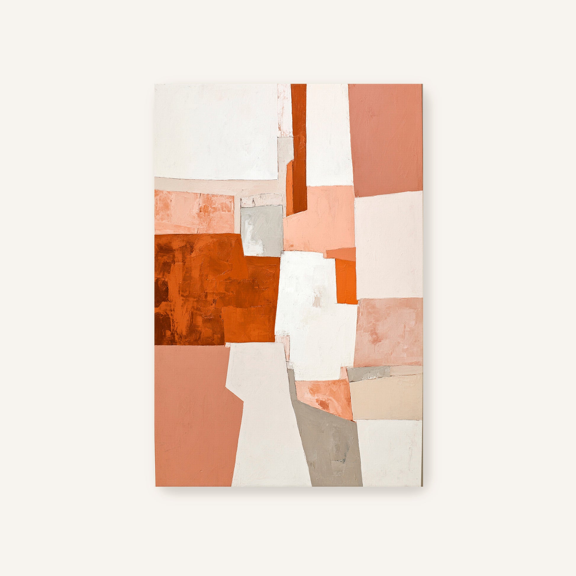 The image is an abstract painting composed of various geometric shapes and colors, including shades of orange, white, and gray.