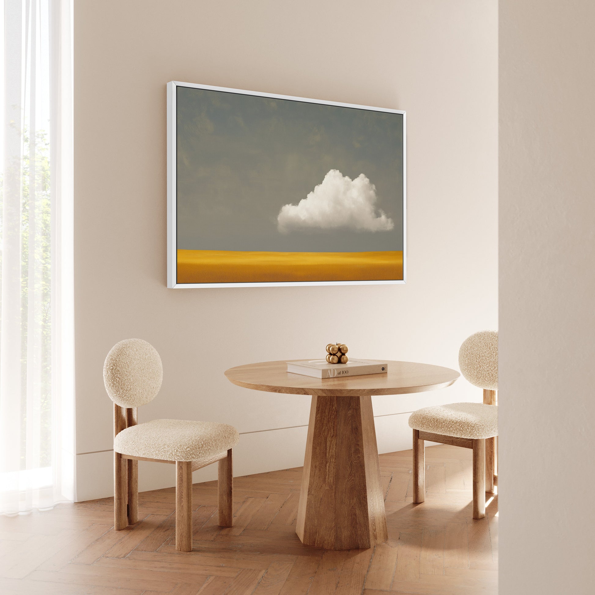 Mellow Canvas Print showing a single white cloud over a golden plain with a gray sky in a minimalist room setting