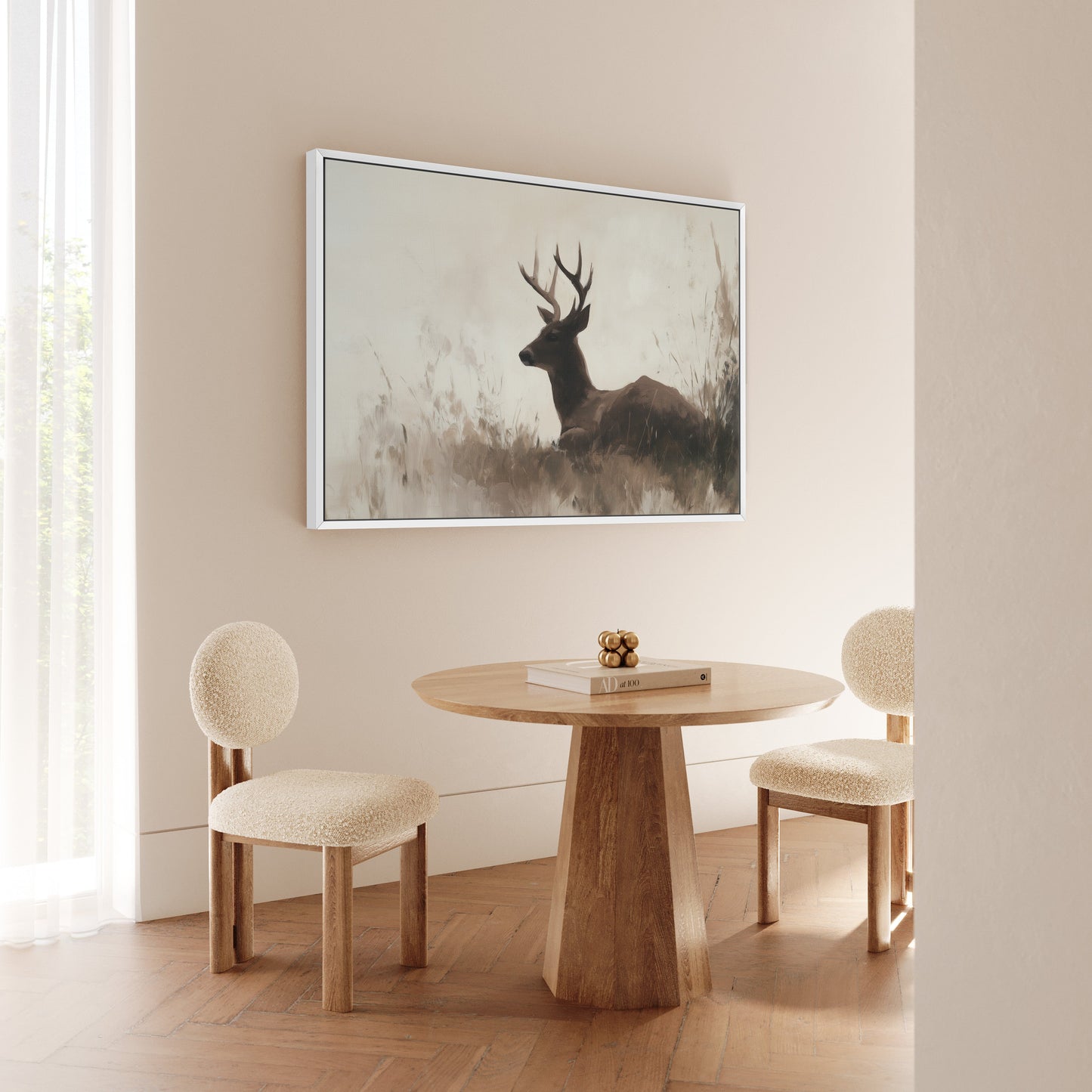 Haven Canvas Print featuring a serene deer in soft golden light, neutral tones, and refined texture, displayed in a modern dining space.