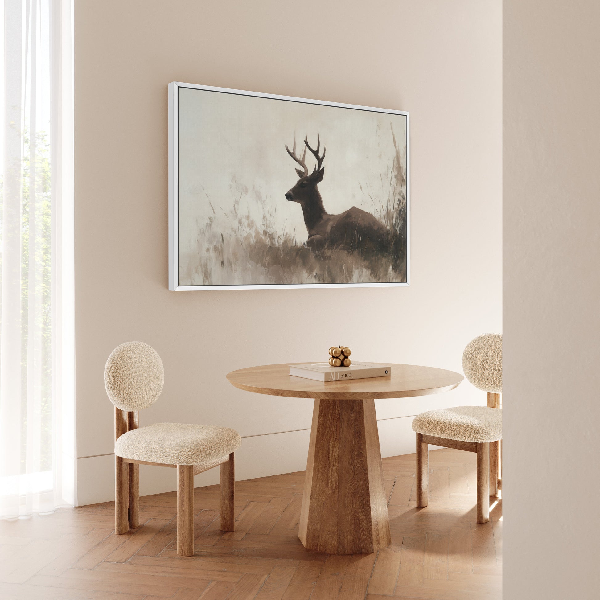 Haven Canvas Print featuring a serene deer in soft golden light, neutral tones, and refined texture, displayed in a modern dining space.