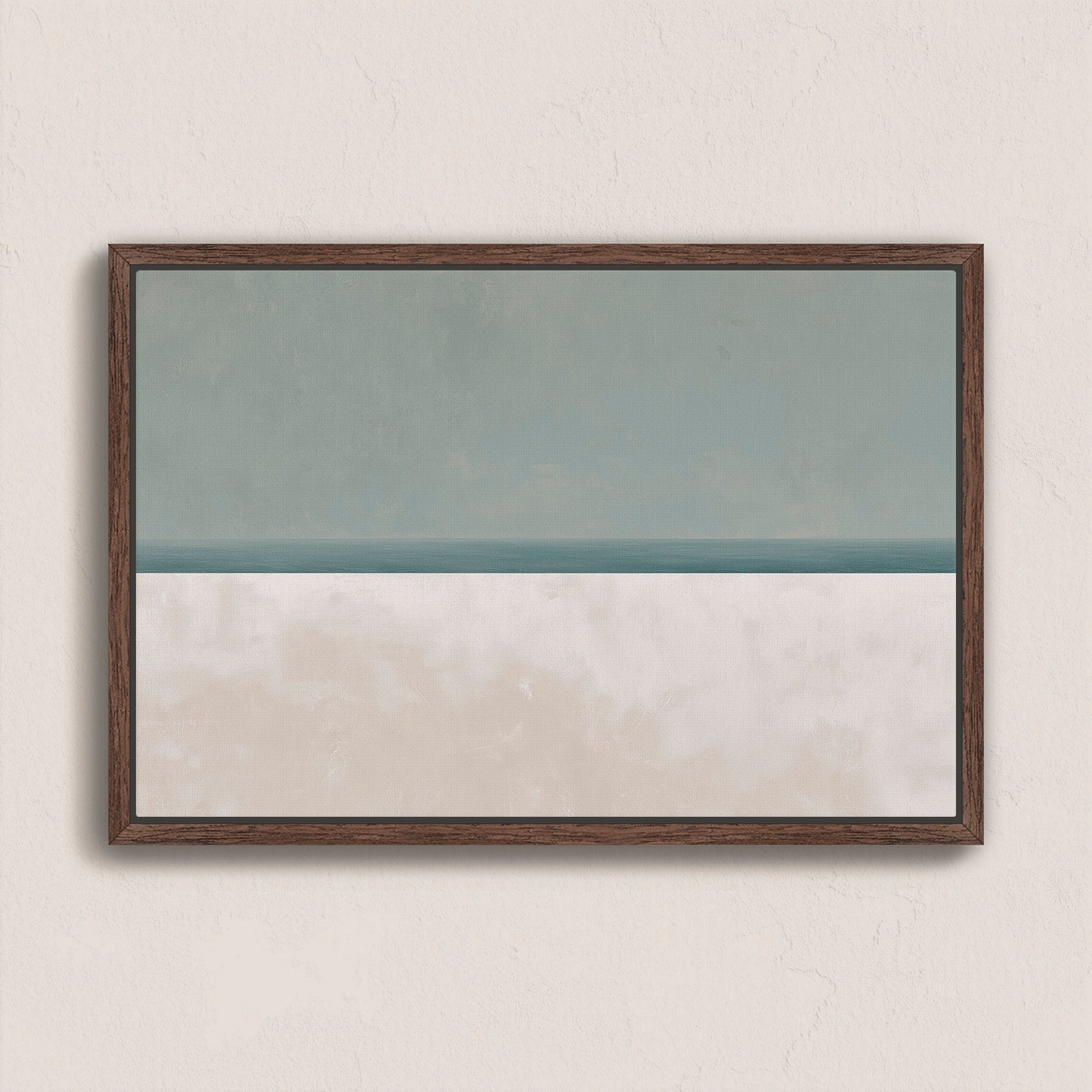 Azure canvas print showing minimalist sea and sky in muted sage and sand hues with walnut frame