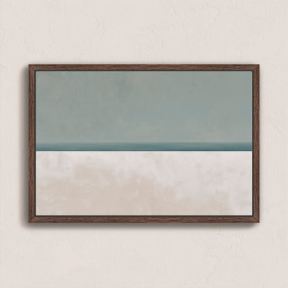 Azure canvas print showing minimalist sea and sky in muted sage and sand hues with walnut frame
