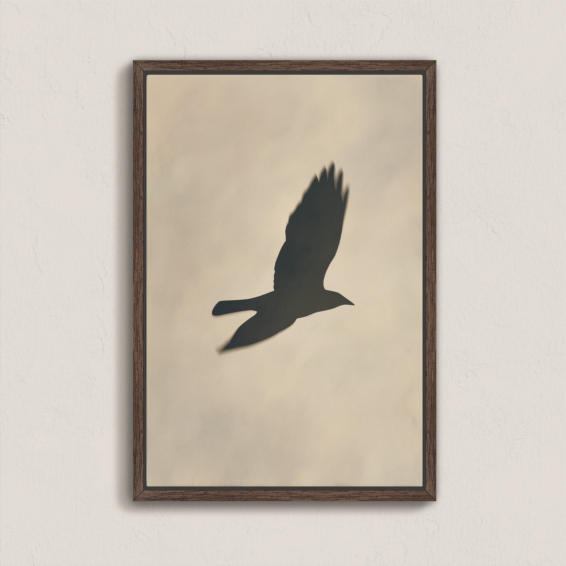 Soar Canvas Print silhouette of bird in flight with soft neutral background in walnut frame