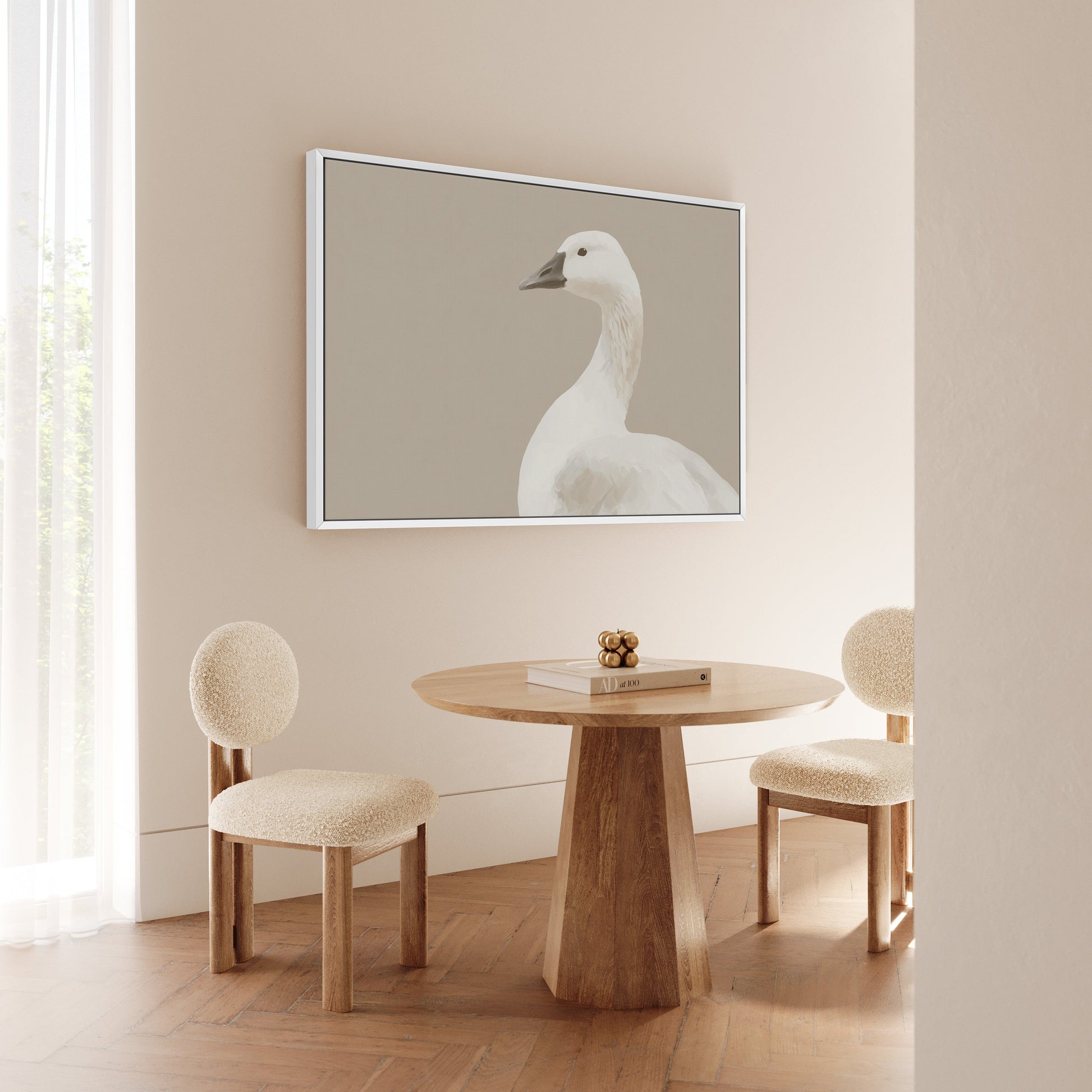 Grace Canvas Print featuring a soft-toned white bird on a beige background in a minimalist modern room