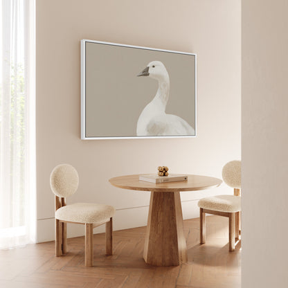 Grace Canvas Print featuring a soft-toned white bird on a beige background in a minimalist modern room