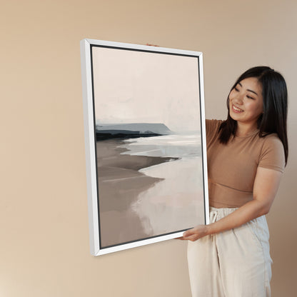 Mel Canvas Print featuring soft beige and gray seascape in a white frame, showcasing tranquil coastal tones and archival-quality gallery wrap.