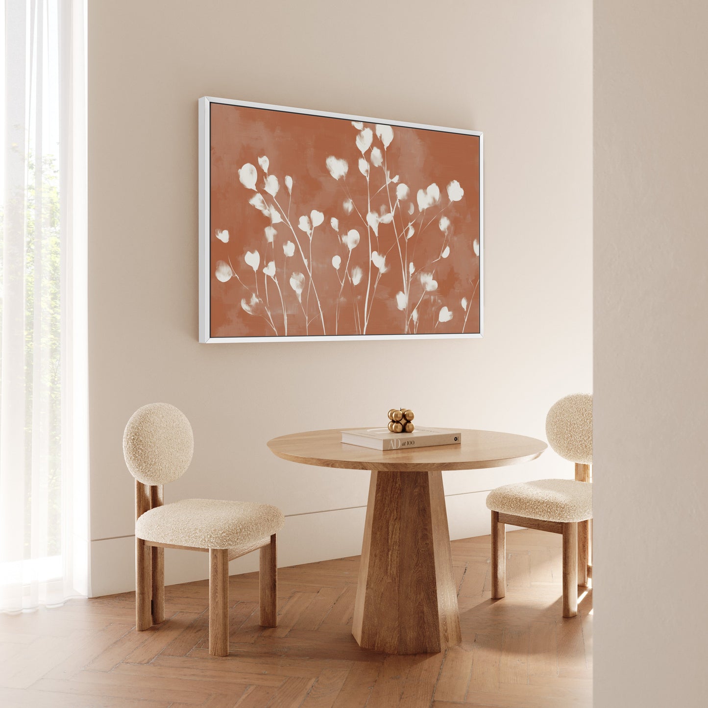 Ember Canvas Print with white petals on terracotta background in modern dining room
