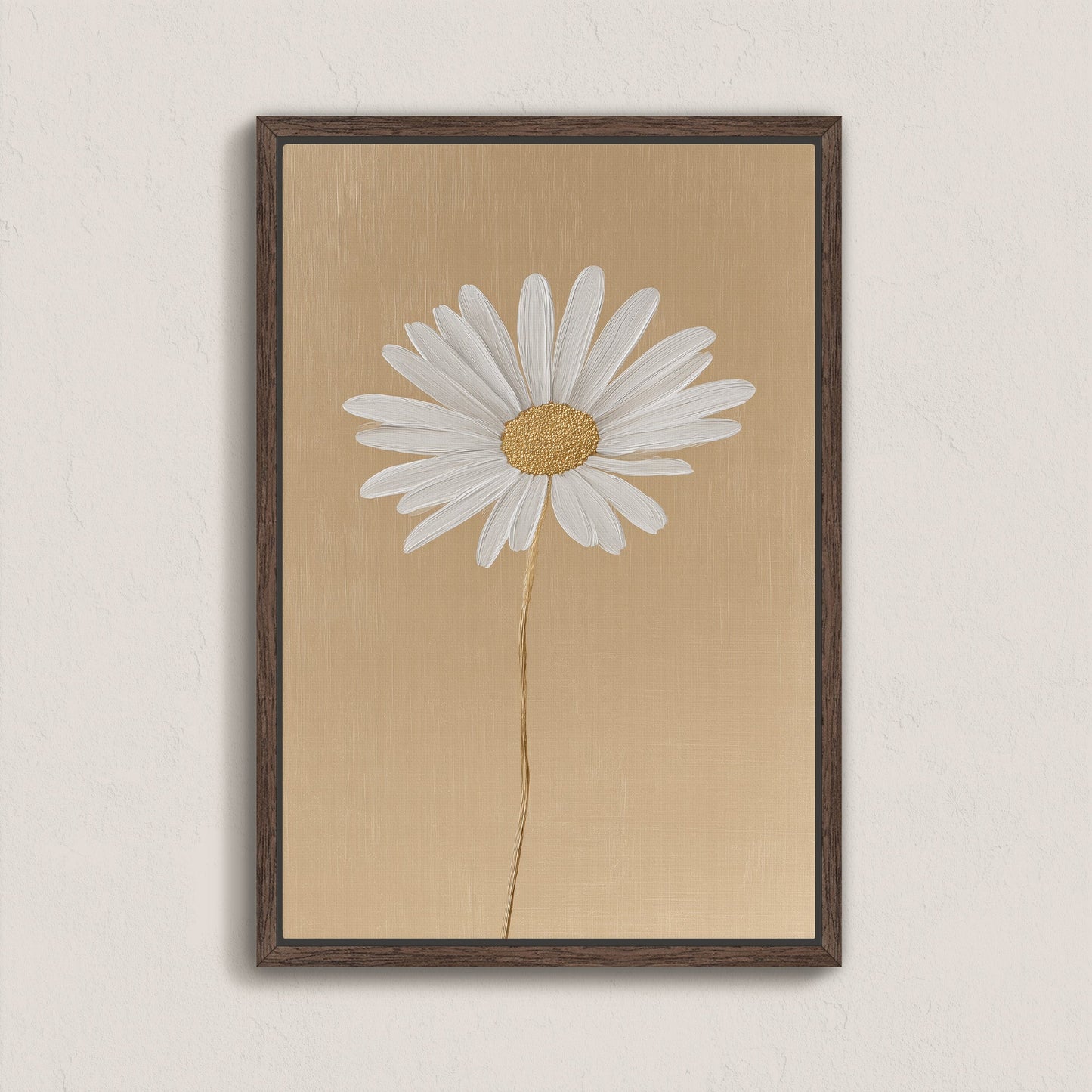 'Bloom' canvas print of a white daisy on a golden-beige background with a natural wood frame