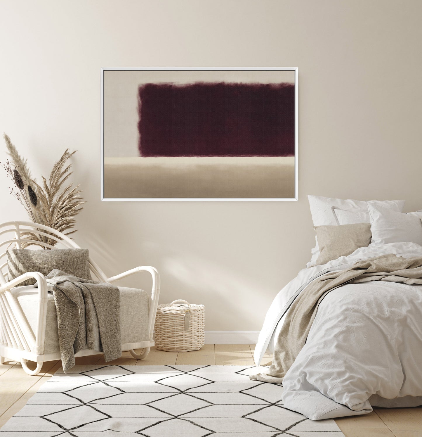 Threshold canvas wall art with deep burgundy and soft ivory abstract design in modern bedroom setting
