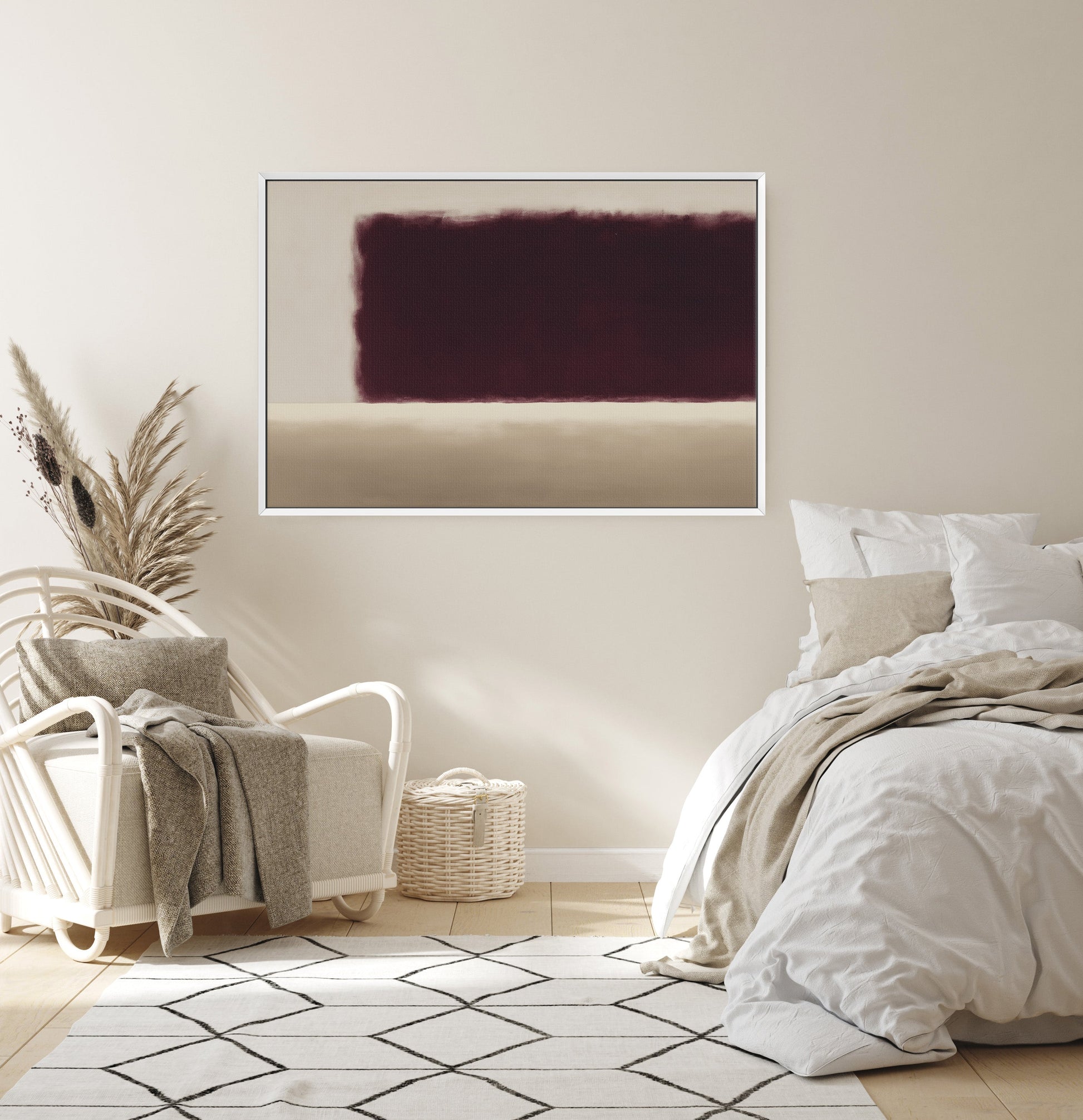 Threshold canvas wall art with deep burgundy and soft ivory abstract design in modern bedroom setting