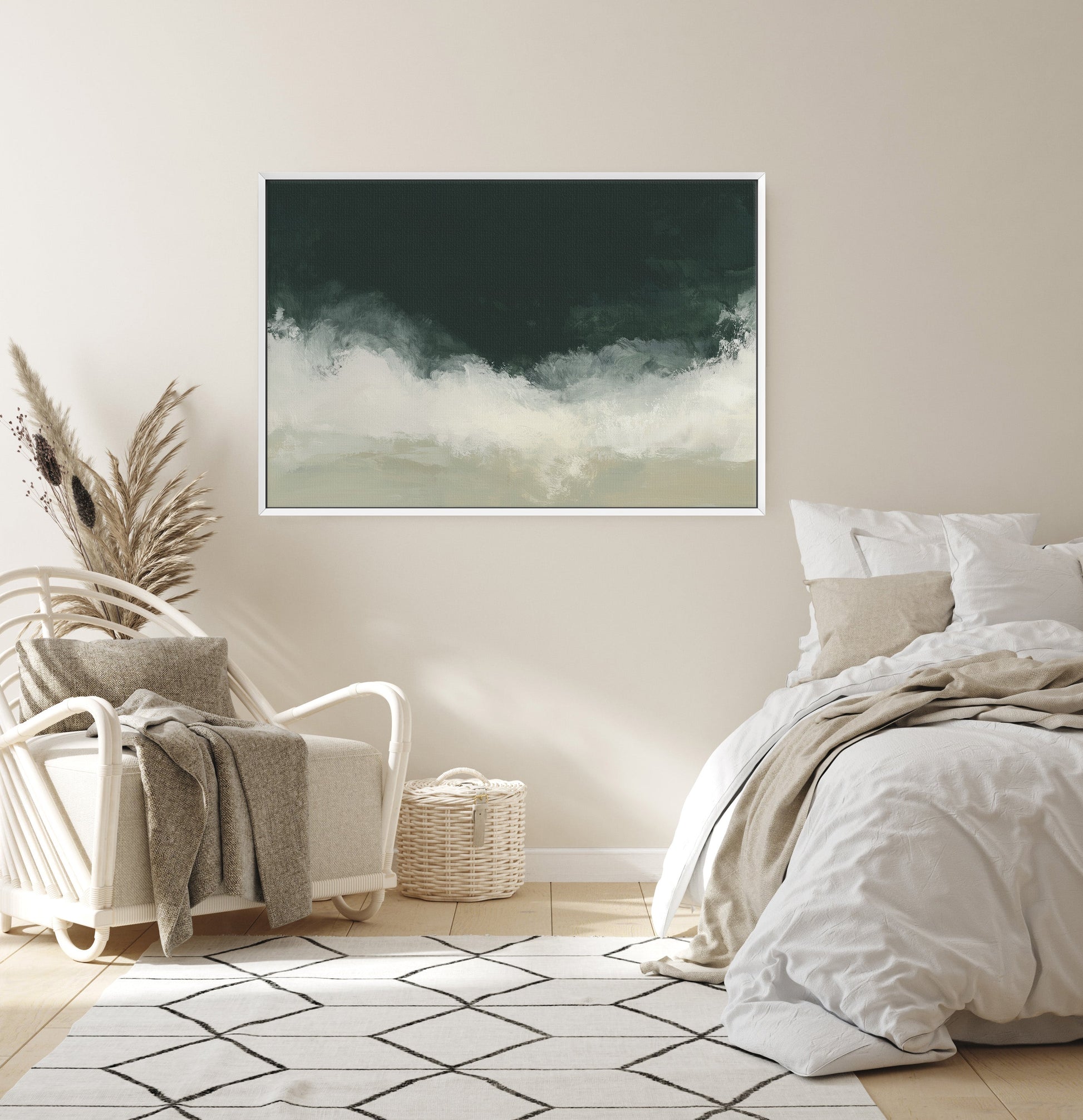 Surge Canvas Wall Art featuring deep emerald and soft white abstract ocean-inspired design in modern bedroom setting