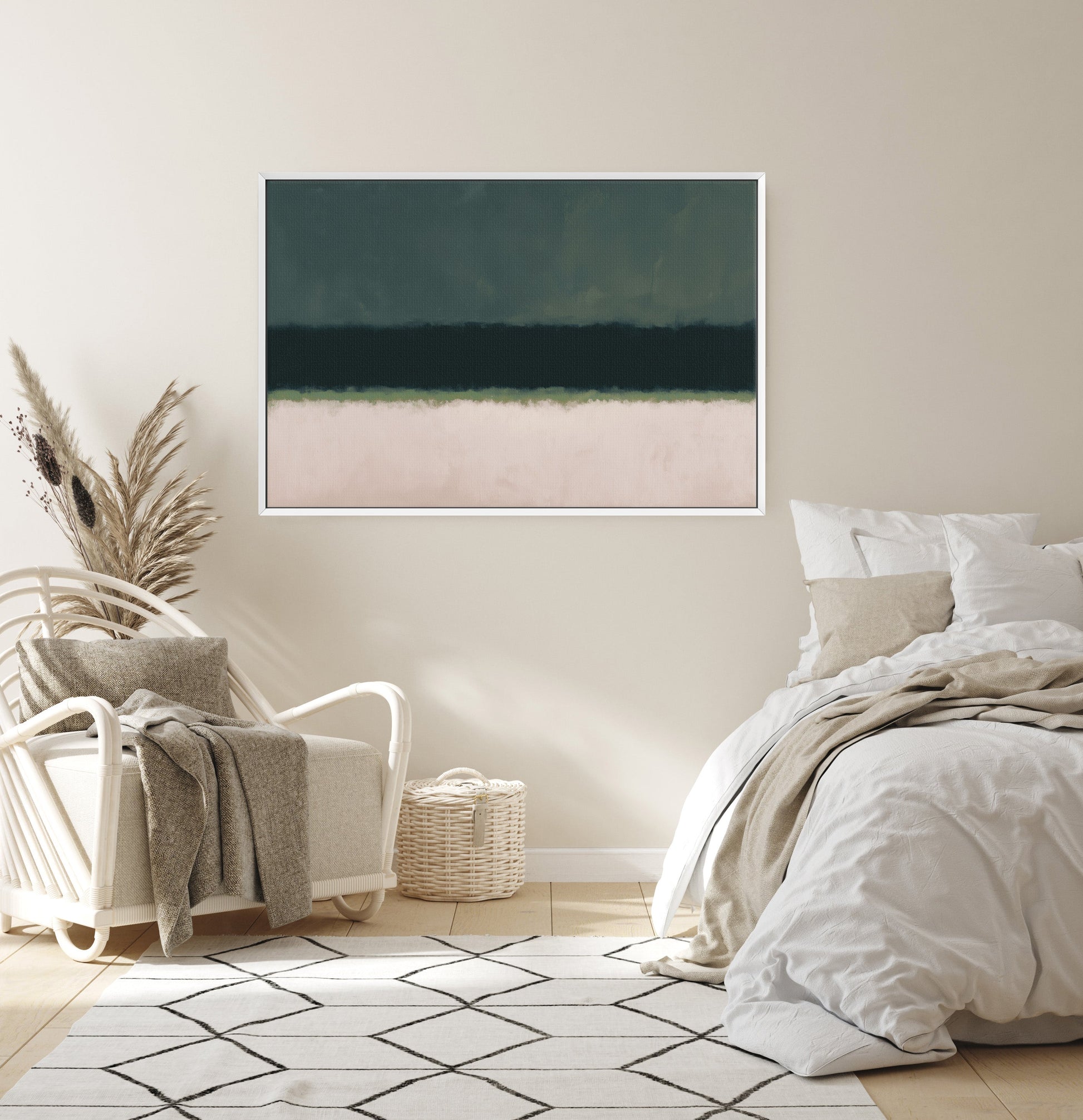 Minimalist Shade Canvas Print with olive and neutral layers in a modern bedroom setting