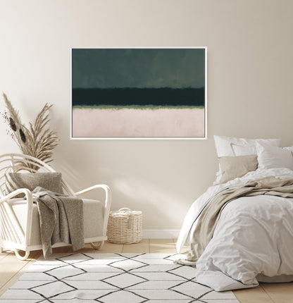 Minimalist Shade Canvas Print with olive and neutral layers in a modern bedroom setting