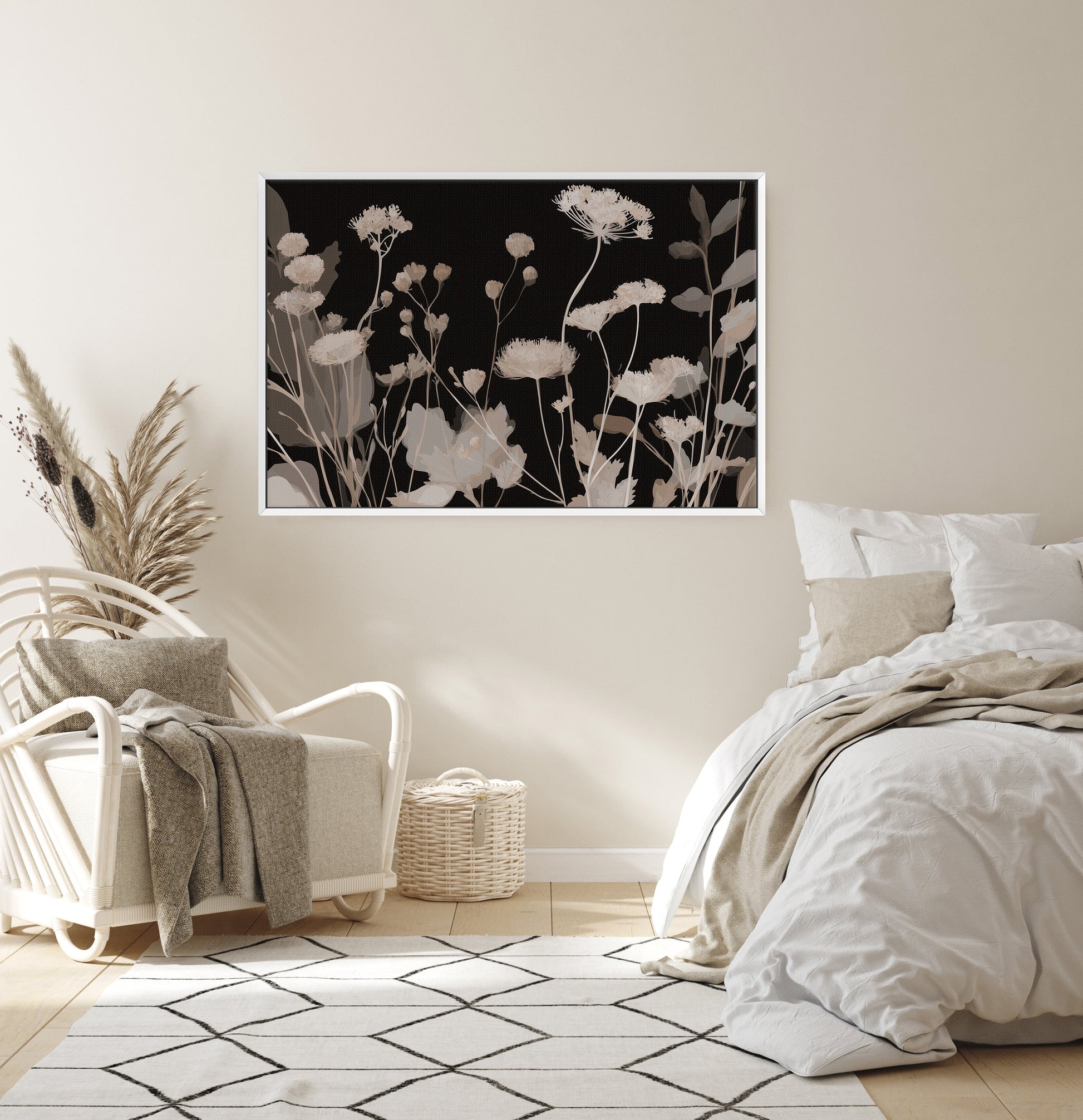 Shadow Bloom Canvas Art featuring neutral wildflowers on black background in a minimalist bedroom setting