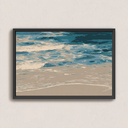 Marin Canvas Print of a minimalist shoreline scene in blues and neutrals with a black frame