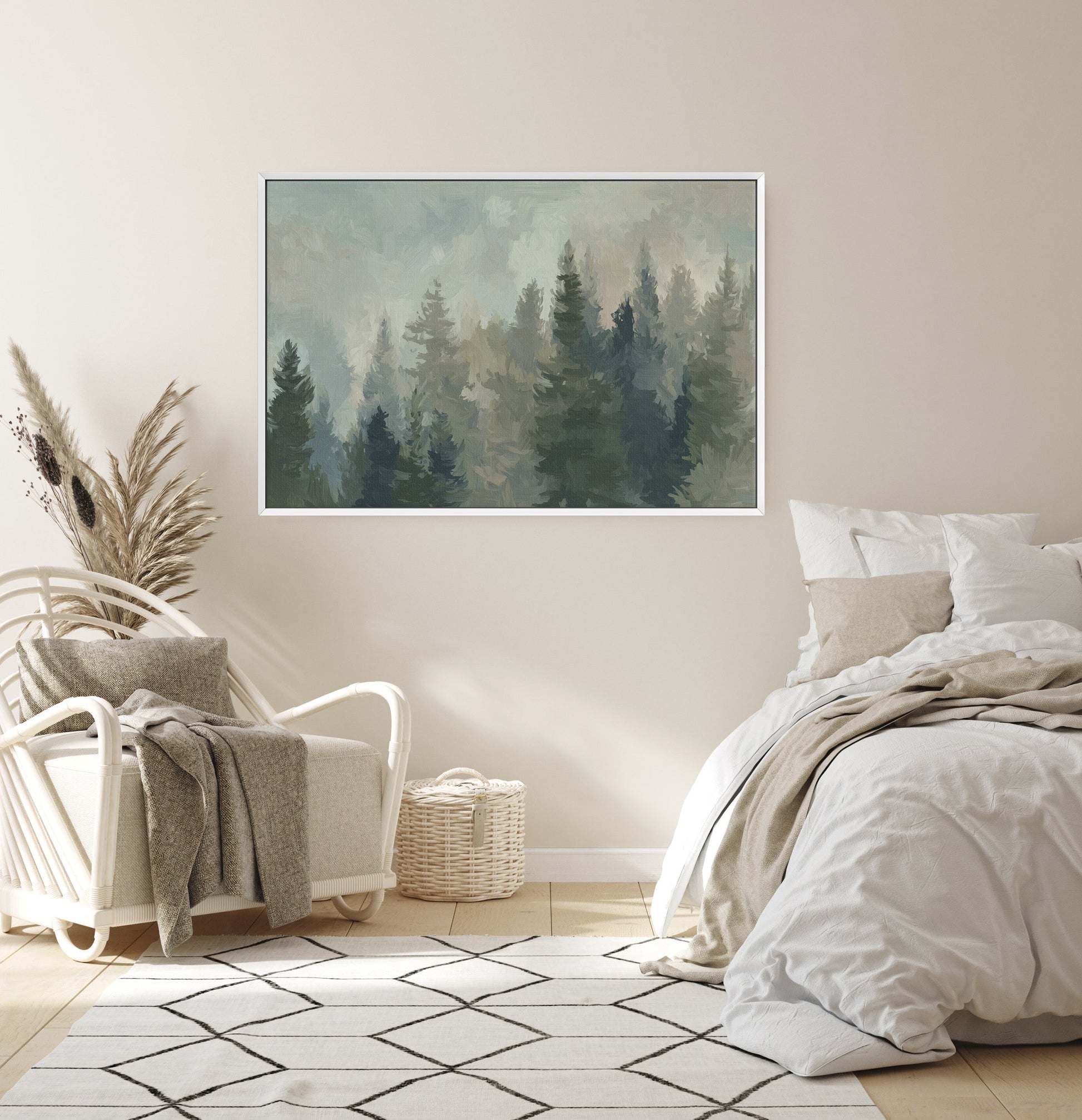 Ever Canvas Wall Art featuring misty forest with pine and sage tones in a modern bedroom setting