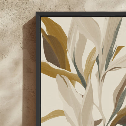 Lilt Canvas Print featuring painterly leaves in earthy golds, taupes, and sage with a black frame on textured wall.